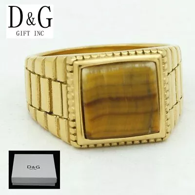 DG Men's Stainless Steel Brown Tiger's-eye Stone Ring 8 9-13 Gold Plated Box • $15.99