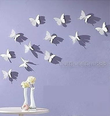 WHITE 3D Butterfly Wall Stickers Art Decal 12pcs PVC Butterflies Home DIY Decor • £2.95