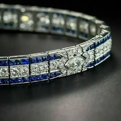 9Ct Princess Cut Lab Created Sapphire Bracelet Men Wedding 14K White Gold Finish • £280.76