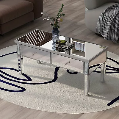 Modern Glass Mirrored Coffee Table With Crystal Handles And Adjustable Legs • $165.19