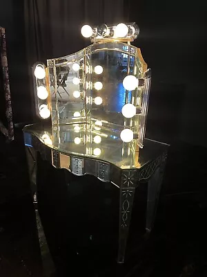 VTG Gorgeous Mirrored Art Deco Vanity With Custom Bulb Lights & Drawers • $425
