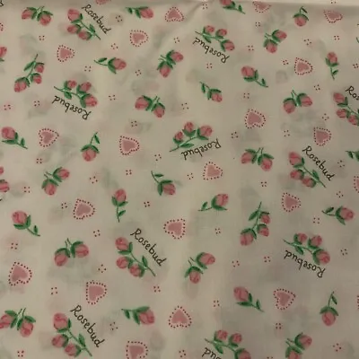 Vtg Rosebud & Hearts Fabric Pink Buds Dots & Hearts Black Letters On White 2+Yds • $30