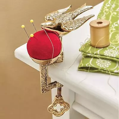 Victorian Bird Hand Sewing Tool Vintage Brass Thread Holder And Pin Cushion New • $32.49