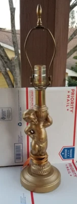 $69.99 • Buy Vintage Gold Colored Cast Iron Metal Baby Cherub Statue Table Lamp TESTED