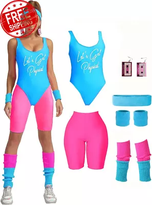 Womens 80S Workout Costume Outfit 80S Accessories Set Leotard Neon Legging Headb • $154.96