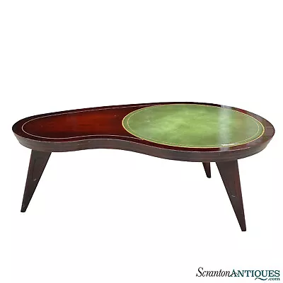 Mid-Century Atomic Sunburst Mahogany Leather Top Kidney Coffee Table • $800