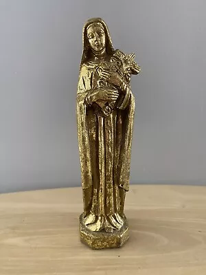 Vtg St Therese Lisieux Gold Painted Statue Figurine 9  Holding Jesus On Cross • $26.30