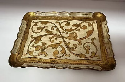 Vintage Engraved Decor Italy Florentine Gold Cream Wooden Tray Hollywood Regency • $31.45