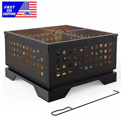 Square Metal Fire Pit Outdoor Brazier Fireplace Patio Heater Stone Backyard Wood • $95.99