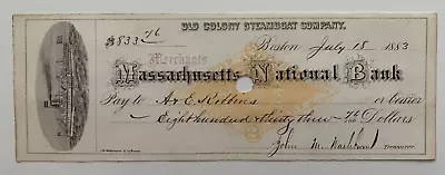 1883 Old Colony Steamboat Co Check Boston MA Mass National Bank Ship Vignette • $13.99