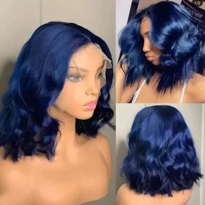 Short Dark Blue Body Wave T Part Lace Front 100% Human Hair Wig Pre Plucked Lady • $89.99