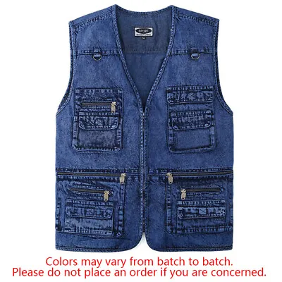 Mens Multi Pocket Denim Vest Sleeveless Trucker Biker Jeans Waistcoat Gilet UK • £11.80