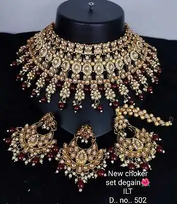 Bollywood Indian Gold Finish Kundan Pearl Bridal Choker Necklace Jewelry Set • $29.28