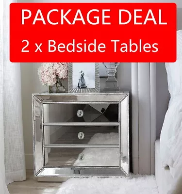 2 X SILVER Beaded Mirrored Bedside Tables Nightstand 3 Drawer Mirror Furniture • $2599