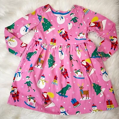 Mini Boden Girls Jersey Dress Long Sleeves Pink Christmas Print Santa Size 2-3Y • $16.49