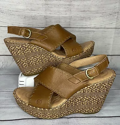 Born Adalina Size 10 M Women’s Slingback Wedge Platform Leather Sandals Brown • $19.99