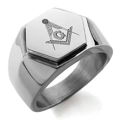 Stainless Steel Freemasons Masonic Floral Compass Mens Hexagon Crest Signet Ring • $15