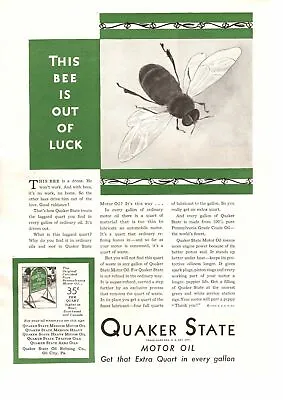 $9.95 • Buy 1930 Quaker State Motor Oil City Pennsylvania 35¢ Quart Sign Drone Bee Print Ad