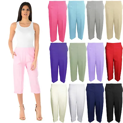 Ladies 3/4 Trousers Womens Three Quarter Elasticated Waist Capri Cropped Pants • £4.99