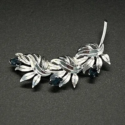 Vintage VAN DELL Sterling Silver FLORAL BROOCH SIGNED Blue Rhinestones 2.25” • $12.99