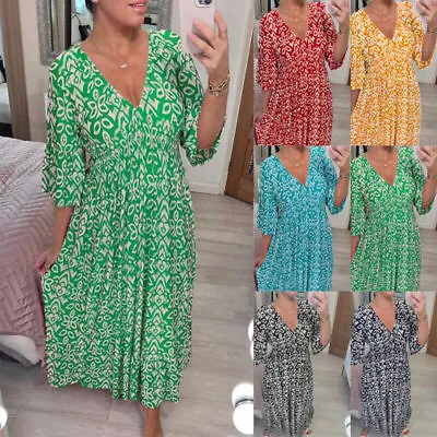 Summer Womens Plus Size V Neck Floral Seaside Casual Loose Dress Maxi Dresses • £10.33