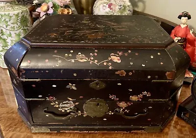 Magnificent Antique Large Chinese Sewing Jewellery Box Black Lacquer Shell Inlay • $175