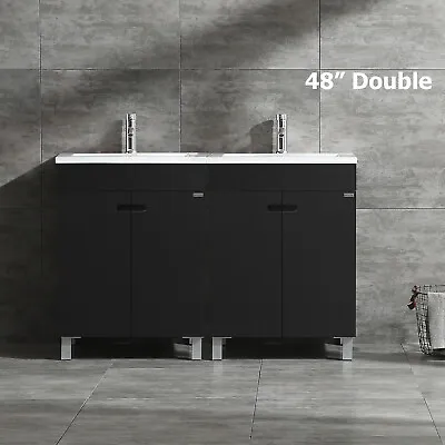 48  Modern Bathroom Vanity Cabinet Double Sink With Faucet Combo Black MDF Wood • $529.99