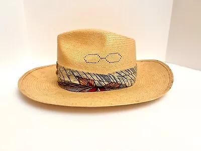 Vintage Stetson Filly Straw Fedora Hat Size 7 1/8 Colorful Ribbon • $39