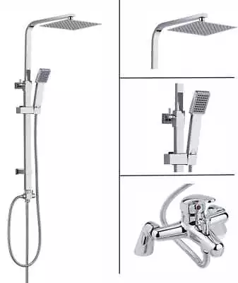 Shower Kit Twin Head Chrome Square Fixed Head Riser Rail With Bath Mixer Tap Set • £0.99