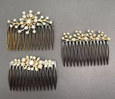 Vintage Ben Hur  Brown Hair Combs Gold Metal Clear Rhinestones 1950s Set Of  3 • $27.20