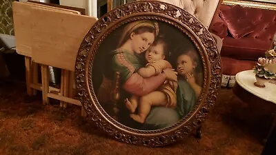 Madonna Of The Chair By Raphael Vintage Wall Art 1940's Wood Frame  • $1500