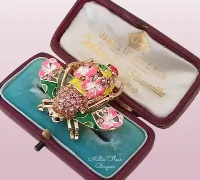 Vintage Inspired Enamelled Pink Diamante Floral Ladybird Bee Brooch & Gift Bag • £18.95