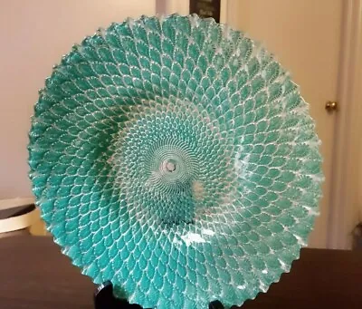 Vintage  RARE  Art Glass Plate Bowl Peacock Design Emerald Green Silver 9  • $28.50