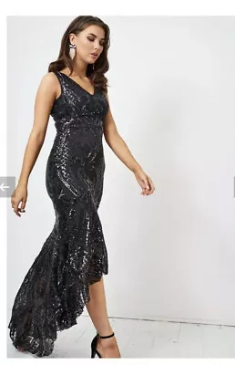 £26 • Buy Ladies Womens Black Sequin Fishtail High Low Maxi Gown Brand New Size S UK 6/8