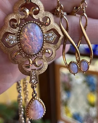 Vintage Crown Trifari Opal Cabochon Dangle Drop Necklace Drop Clip Earrings Set • $149.99