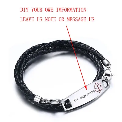 Men Medical Alert ID Braided Bracelet Multi Layer Pu Leather Customize Engraving • $7.87