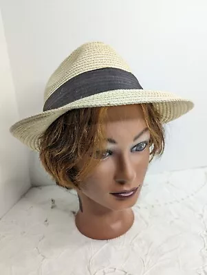 The Hatter Company Straw Fedora Panama Sun Hat Unisex Ivory Black Style 5845 • $7.99