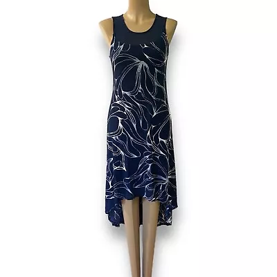 FLOWER Sz 8 HiLo Midi Navy Asymmetric Sleeveless Round Neck Lined Dress • $22.55