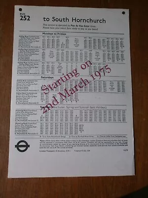 London Transport Bus Stop Timetable Panel-Route 252 1975 • £1.50