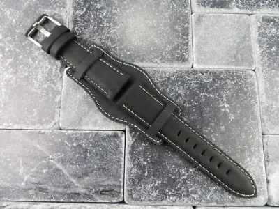 German Military Aviator Watch Strap Army Leather Cuff Watch Band Bund Black WH K • $34.95