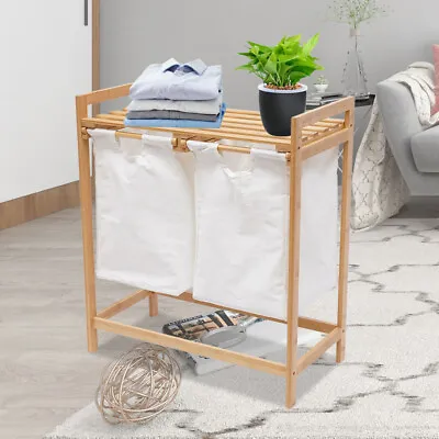 Bamboo Frame Laundry Hamper With Dual Basket Two-Sections Removable Laundry Bags • $37.05