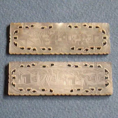 2 Antique Chinese Gaming Chips Engraved Mother-of-Pearl Village Scenes • $37