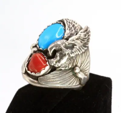 Stamped Sterling Silver Early Navajo Eagle Turquoise Coral Men's Ring  Sz 11 • $119