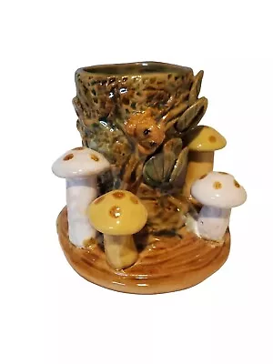 Art Pottery Tree Stump Vase Frog Mushrooms Outdoorsy Rustic Decor Unsigned  • $35.99