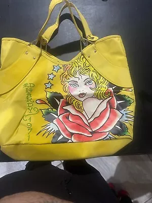 Vintage Ed Hardy Vinyl Veronica Yellow Large Shoulder Tote Bag Purse Very Nice • $19.99