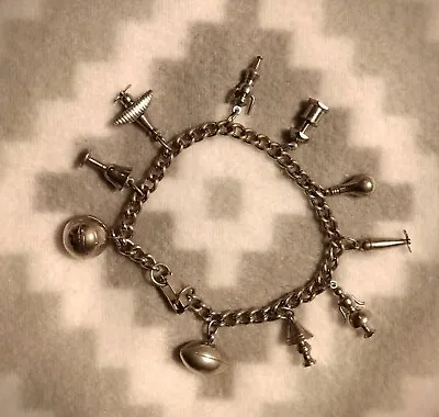 Vintage Men's Heavy Chromed 10 Charm Bracelet Moving Propellers! Airplane Torpe • $59