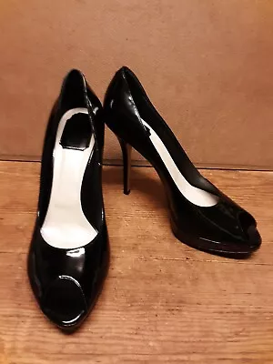 MISS DIOR Christian Dior Black Patent Peep Toe Pumps Shoes Heels Sz 8/41 • $200