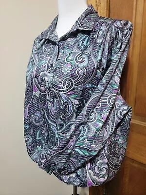 Vintage 80s Pykettes Purple Paisley Floral Print Blouse Long Sleeve Sz 42/22W • £37.59