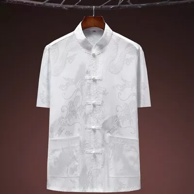 Men Retro Chinese Satin Top Shirt Dragon Print Short Sleeve Frog Button Kung Fu • £17.99