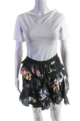 Allsaints Womens Floral Print Elastic Asymmetrical Hem Ruffle Skirt Black Size 4 • $48.79
